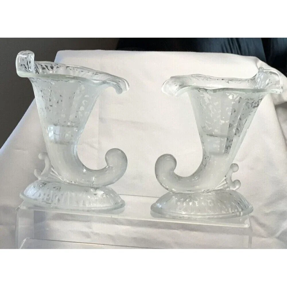 Fenton San Toy Crystal Pair Cornucopias Candle Holders Frosted Etching VTG